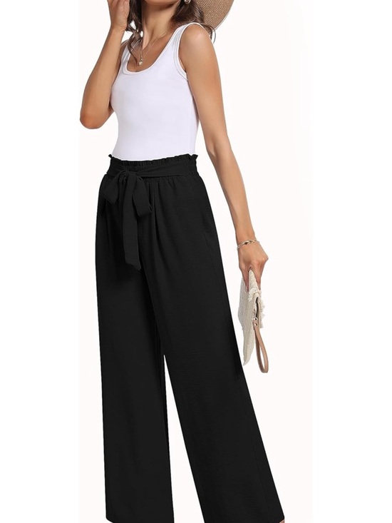 Tarse Pants - High-Rise Wide Leg Tie-Waist Pants - Black